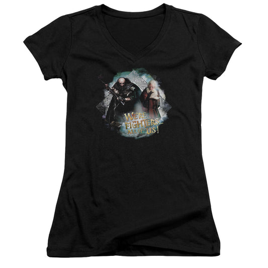 The Hobbit Were Fighters Junior Sheer Cap Sleeve V-Neck Womens T Shirt Black