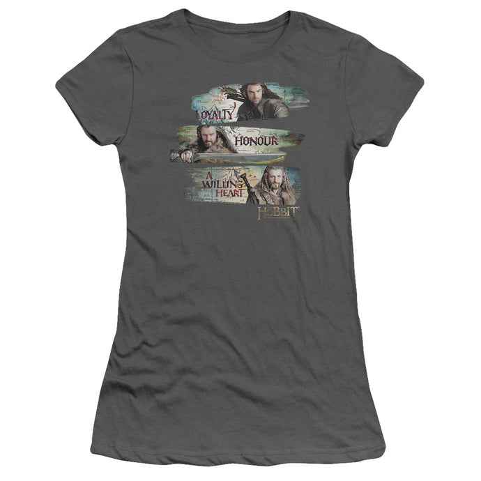 The Hobbit Loyalty and Honour Junior Sheer Cap Sleeve Womens T Shirt Charcoal