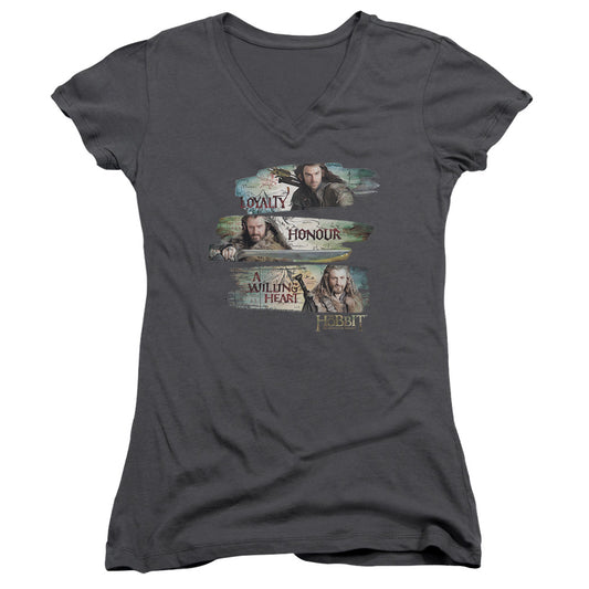 The Hobbit Loyalty and Honour Junior Sheer Cap Sleeve V-Neck Womens T Shirt Charcoal