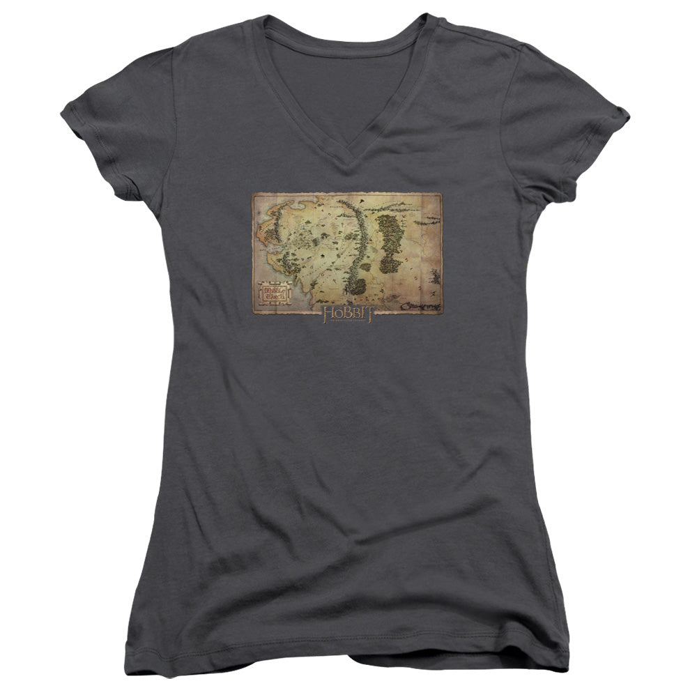 The Hobbit Middle Earth Map Junior Sheer Cap Sleeve V-Neck Womens T Shirt Charcoal