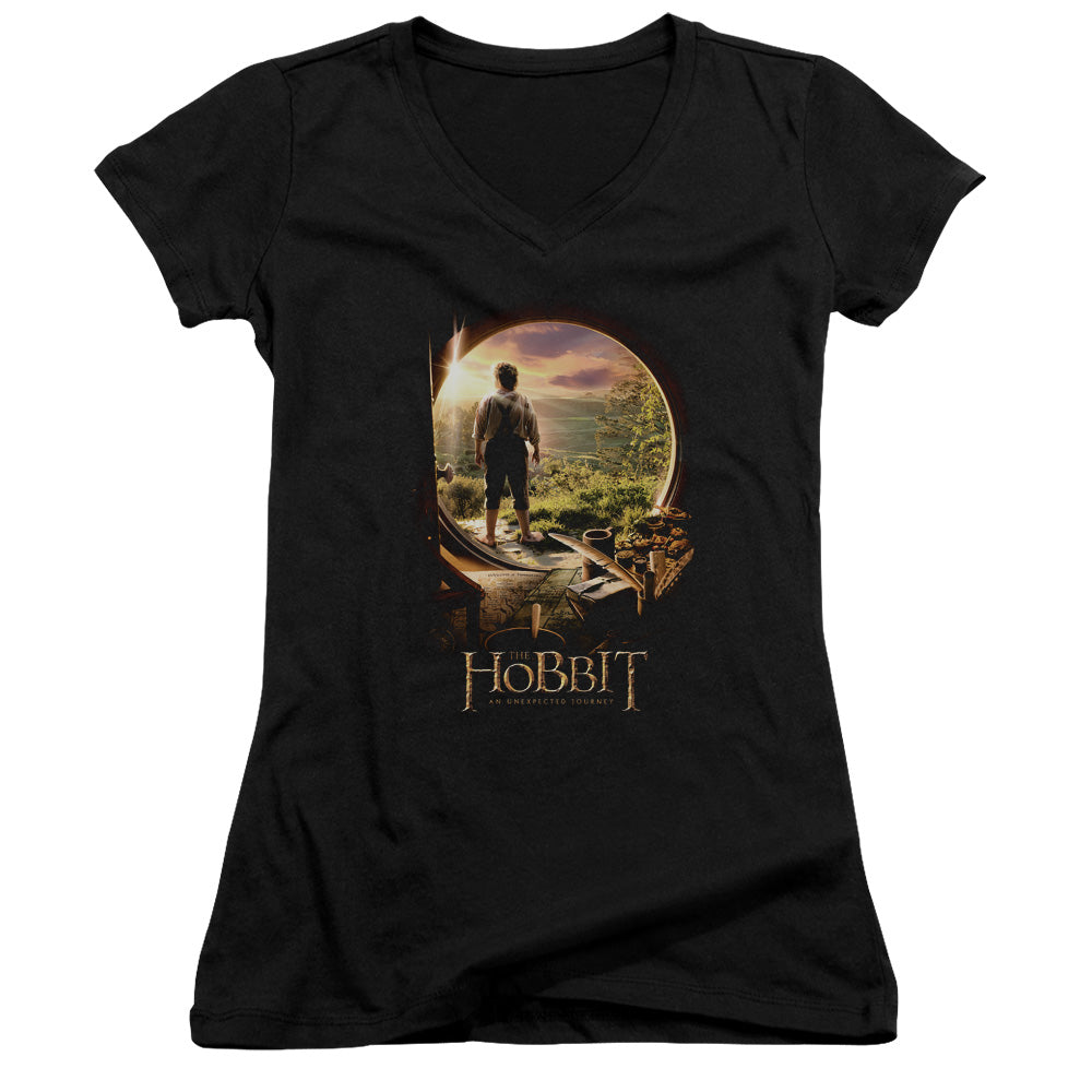 The Hobbit The Hobbit in Door Junior Sheer Cap Sleeve V-Neck Womens T Shirt Black