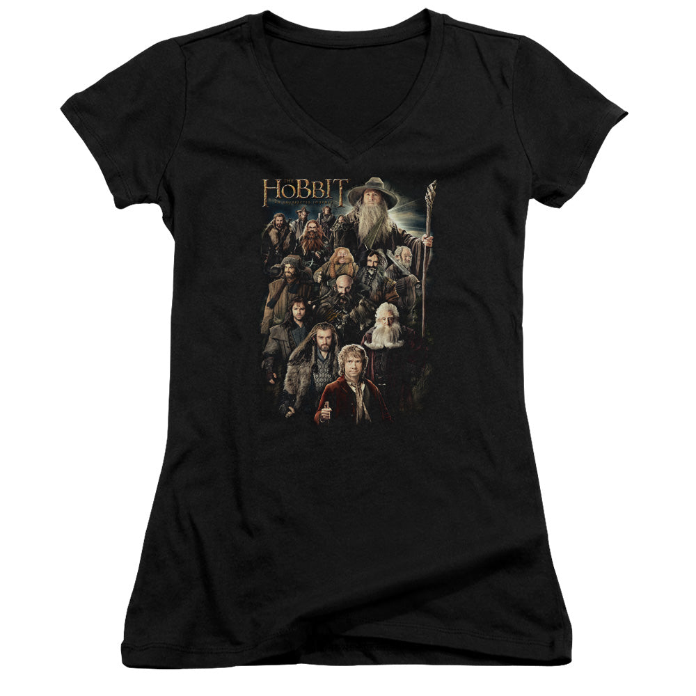 The Hobbit Somber Company Junior Sheer Cap Sleeve V-Neck Womens T Shirt Black