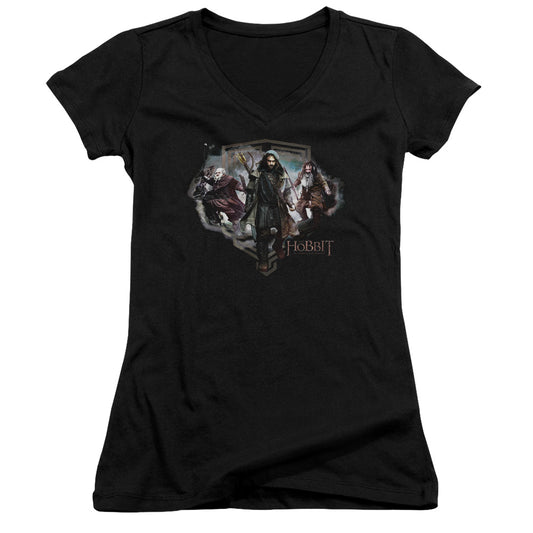 The Hobbit Three Dwarves Junior Sheer Cap Sleeve V-Neck Womens T Shirt Black