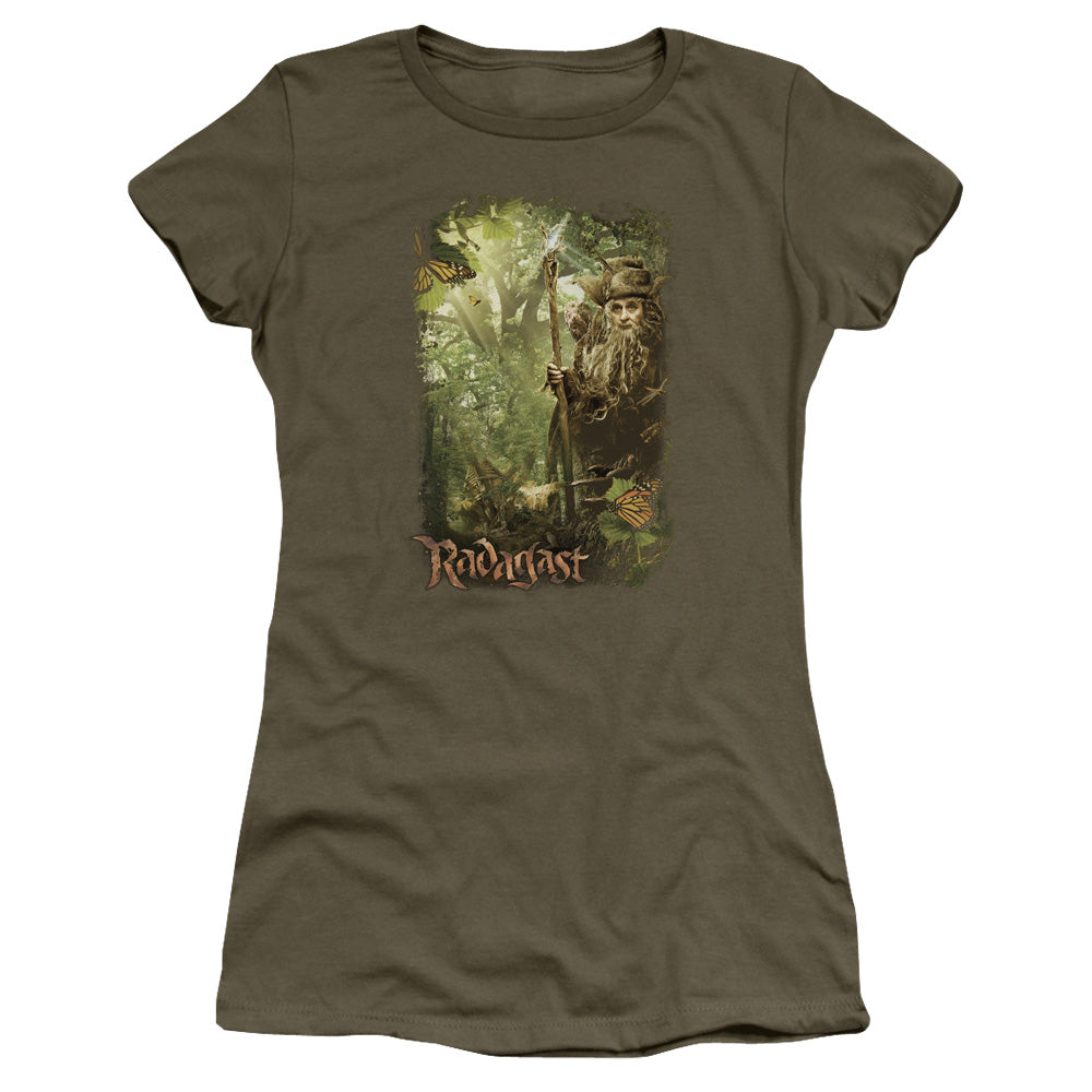 The Hobbit in the Woods Junior Sheer Cap Sleeve Womens T Shirt Military Green