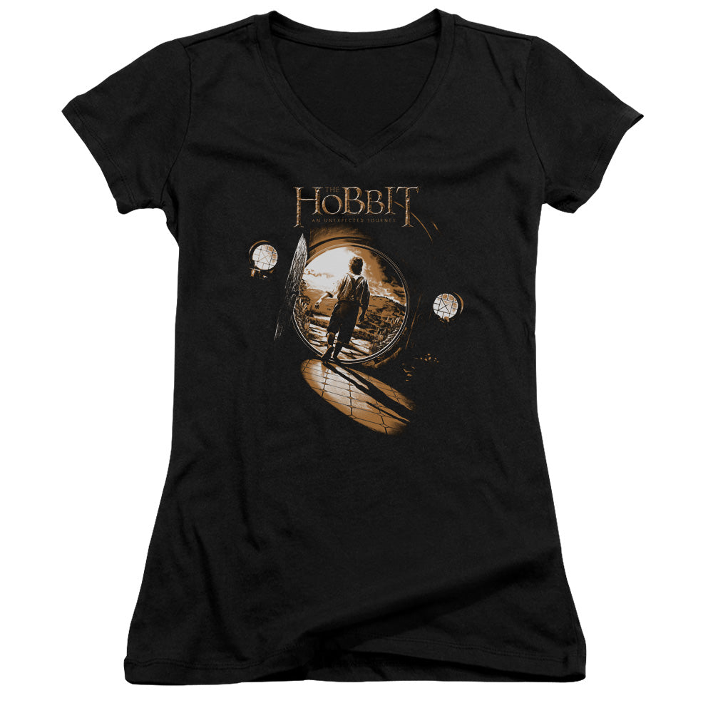 The Hobbit The Hobbit Hole Junior Sheer Cap Sleeve V-Neck Womens T Shirt Black