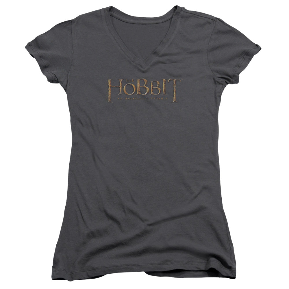 The Hobbit Distressed Logo Junior Sheer Cap Sleeve V-Neck Womens T Shirt Charcoal