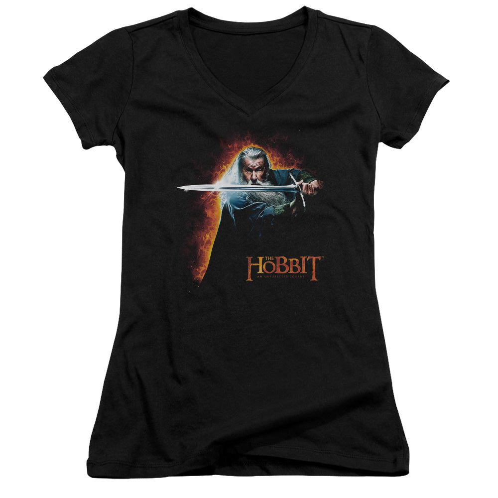 The Hobbit Secret Fire Junior Sheer Cap Sleeve V-Neck Womens T Shirt Black