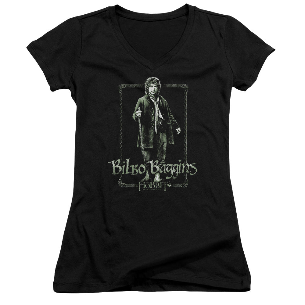 The Hobbit Bilbo Stare Junior Sheer Cap Sleeve V-Neck Womens T Shirt Black