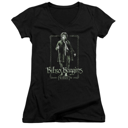 The Hobbit Bilbo Stare Junior Sheer Cap Sleeve V-Neck Womens T Shirt Black