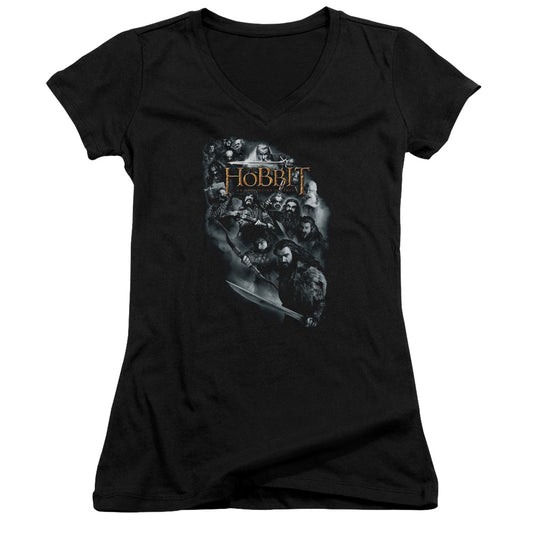 The Hobbit Cast of Characters Junior Sheer Cap Sleeve V-Neck Womens T Shirt Black