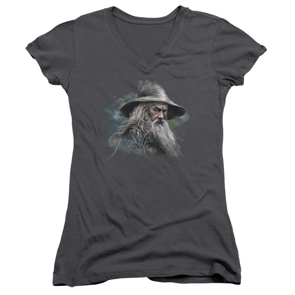 The Hobbit Gandalf the Grey Junior Sheer Cap Sleeve V-Neck Womens T Shirt Charcoal