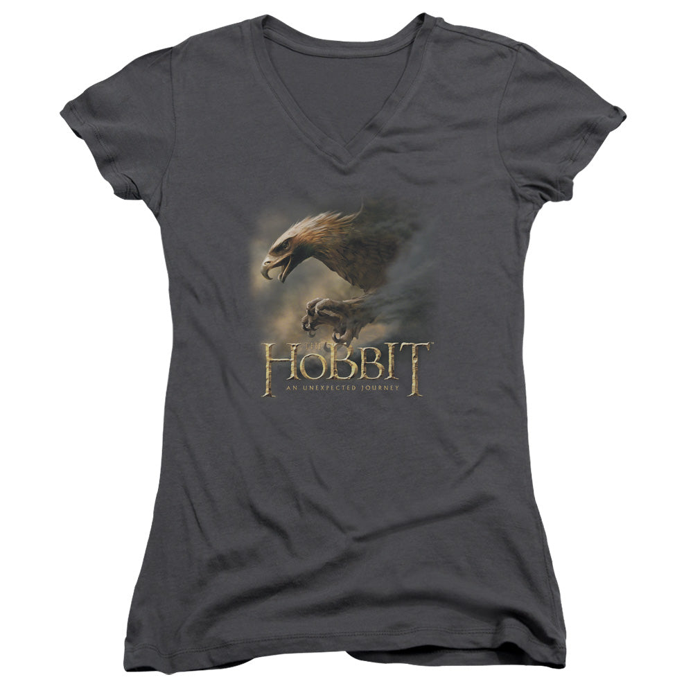 The Hobbit Great Eagle Junior Sheer Cap Sleeve V-Neck Womens T Shirt Charcoal