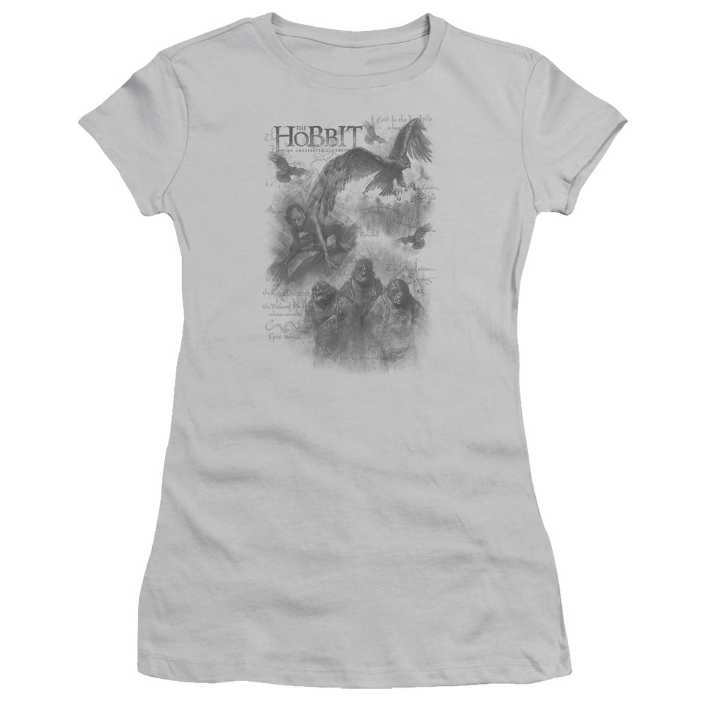 The Hobbit Sketches Junior Sheer Cap Sleeve Womens T Shirt Silver