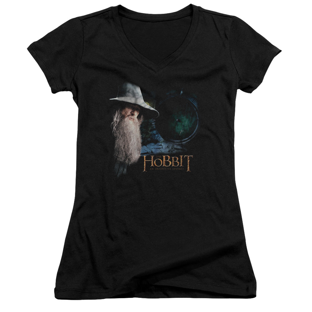 The Hobbit the Door Junior Sheer Cap Sleeve V-Neck Womens T Shirt Black