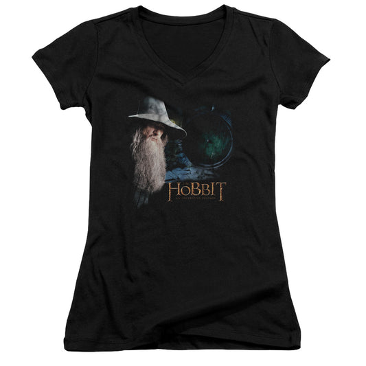 The Hobbit the Door Junior Sheer Cap Sleeve V-Neck Womens T Shirt Black