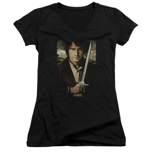 The Hobbit Baggins Poster Junior Sheer Cap Sleeve V-Neck Womens T Shirt Black