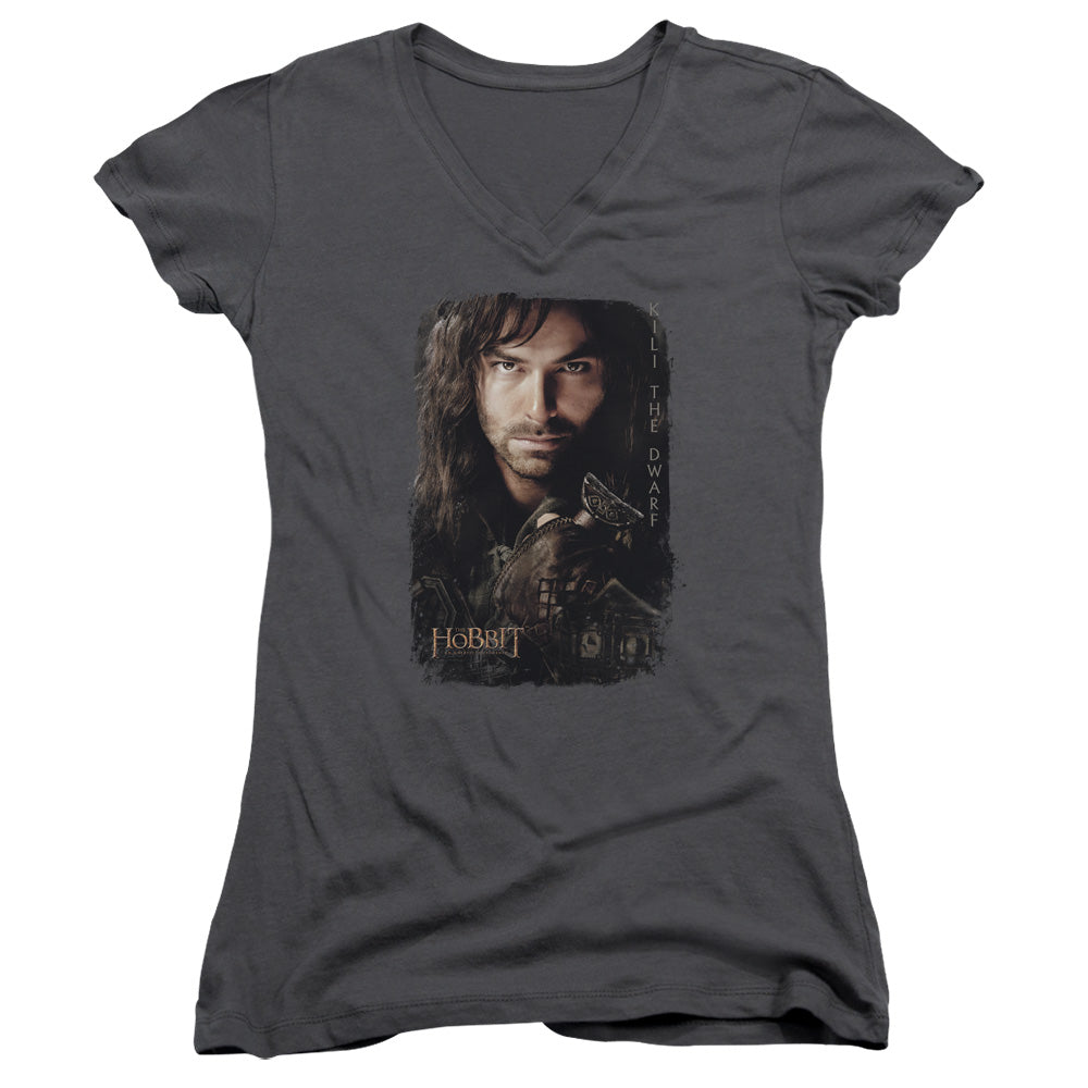 The Hobbit Kili Poster Junior Sheer Cap Sleeve V-Neck Womens T Shirt Charcoal