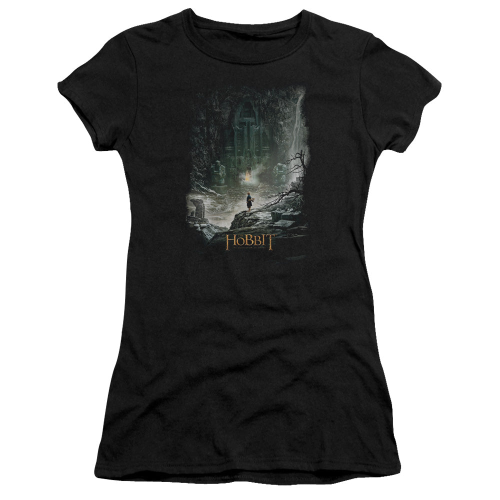 The Hobbit at Augs Door Junior Sheer Cap Sleeve Womens T Shirt Black