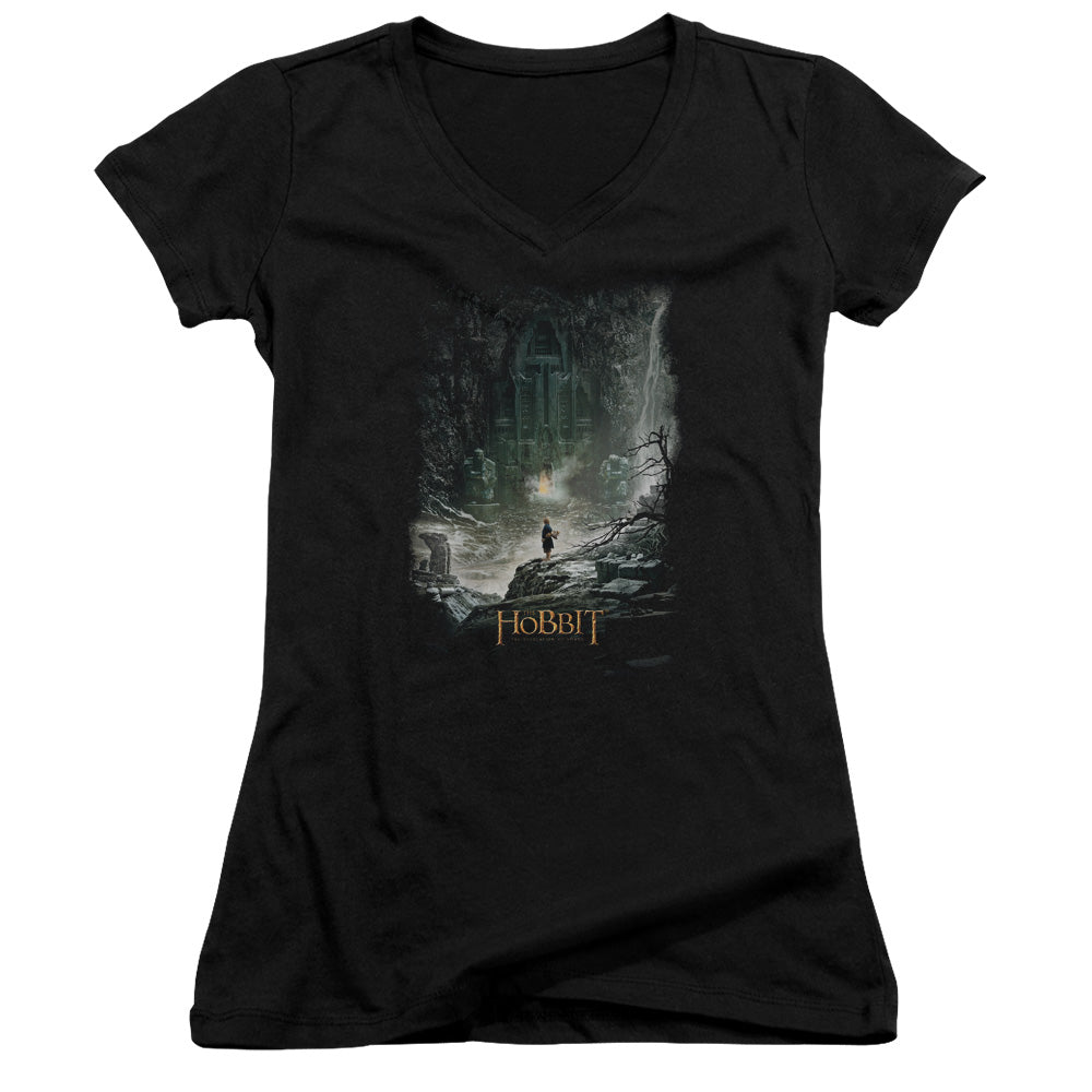 The Hobbit at Augs Door Junior Sheer Cap Sleeve V-Neck Womens T Shirt Black