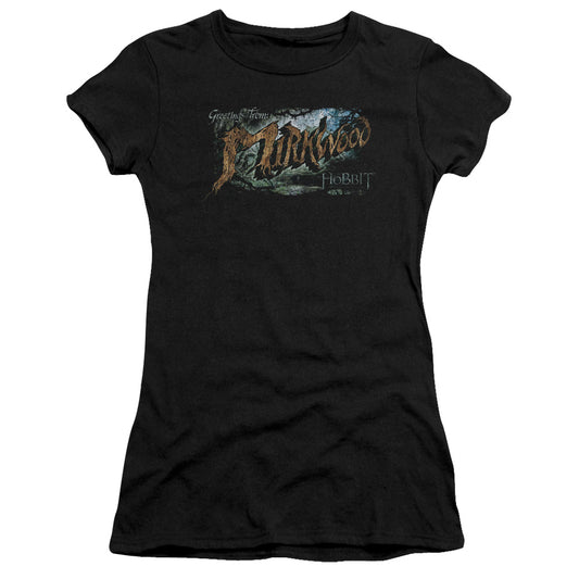 The Hobbit Greetings From Mirkwood Junior Sheer Cap Sleeve Womens T Shirt Black