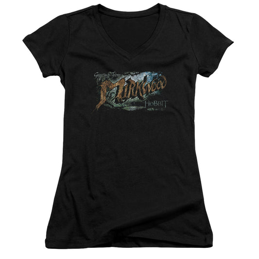 The Hobbit Greetings From Mirkwood Junior Sheer Cap Sleeve V-Neck Womens T Shirt Black