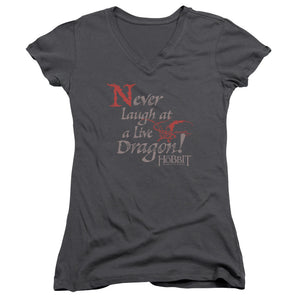The Hobbit Never Laugh Junior Sheer Cap Sleeve V-Neck Womens T Shirt Charcoal