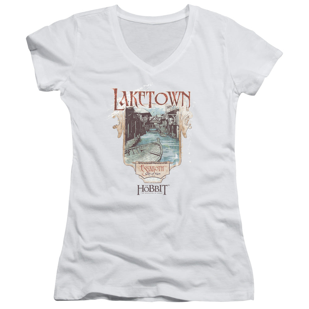 The Hobbit Laketown Junior Sheer Cap Sleeve V-Neck Womens T Shirt White
