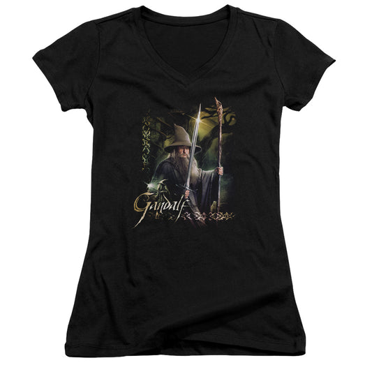 The Hobbit Sword and Staff Junior Sheer Cap Sleeve V-Neck Womens T Shirt Black