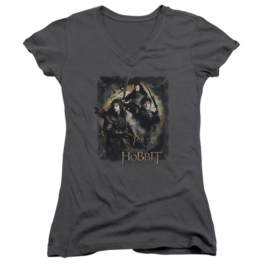 The Hobbit Weapons Drawn Junior Sheer Cap Sleeve V-Neck Womens T Shirt Charcoal