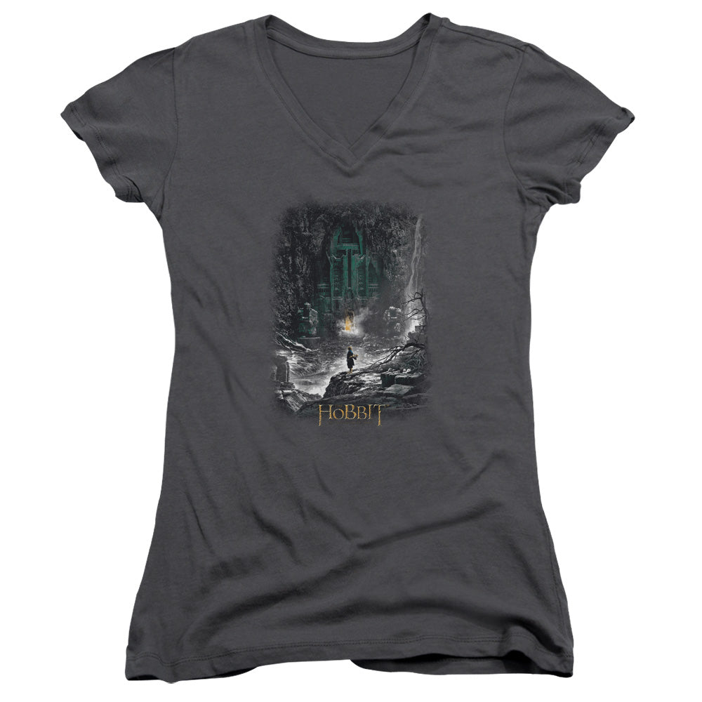 The Hobbit Second Thoughts Junior Sheer Cap Sleeve V-Neck Womens T Shirt Charcoal