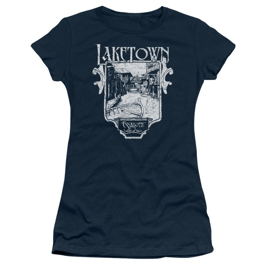 The Hobbit Laketown Simple Junior Sheer Cap Sleeve Womens T Shirt Navy Blue