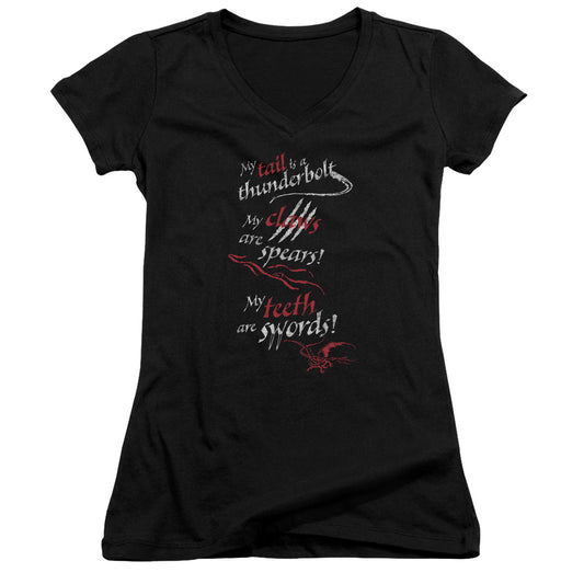 The Hobbit Tail Claws Teeth Junior Sheer Cap Sleeve V-Neck Womens T Shirt Black