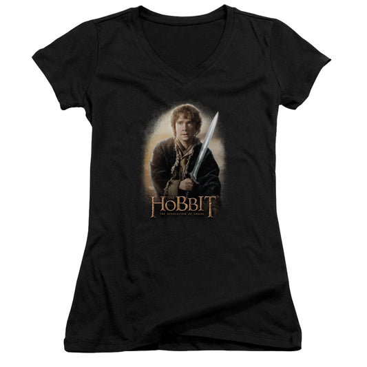 The Hobbit Bilbo and Sting Junior Sheer Cap Sleeve V-Neck Womens T Shirt Black