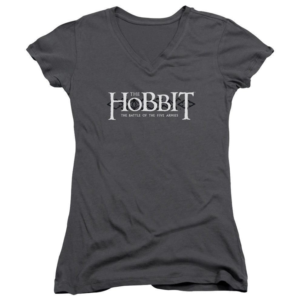 The Hobbit Ornate Logo Junior Sheer Cap Sleeve V-Neck Womens T Shirt Charcoal