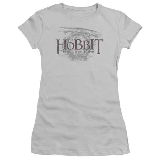 The Hobbit Door Logo Junior Sheer Cap Sleeve Womens T Shirt Silver