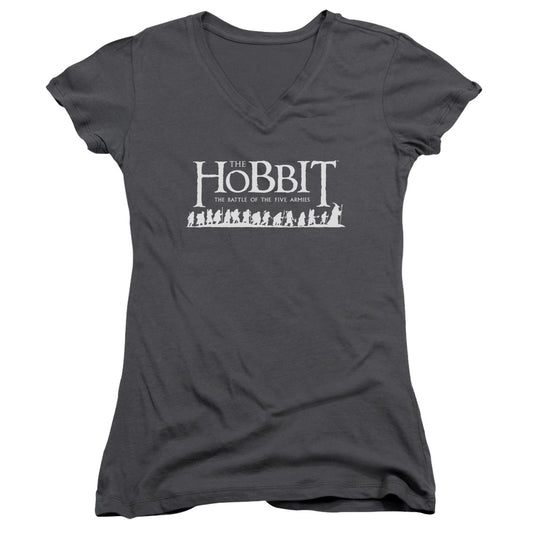 The Hobbit Walking Logo Junior Sheer Cap Sleeve V-Neck Womens T Shirt Charcoal