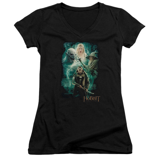 The Hobbit Elronds Crew Junior Sheer Cap Sleeve V-Neck Womens T Shirt Black