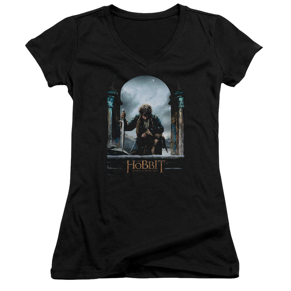 The Hobbit Bilbo Poster Junior Sheer Cap Sleeve V-Neck Womens T Shirt Black