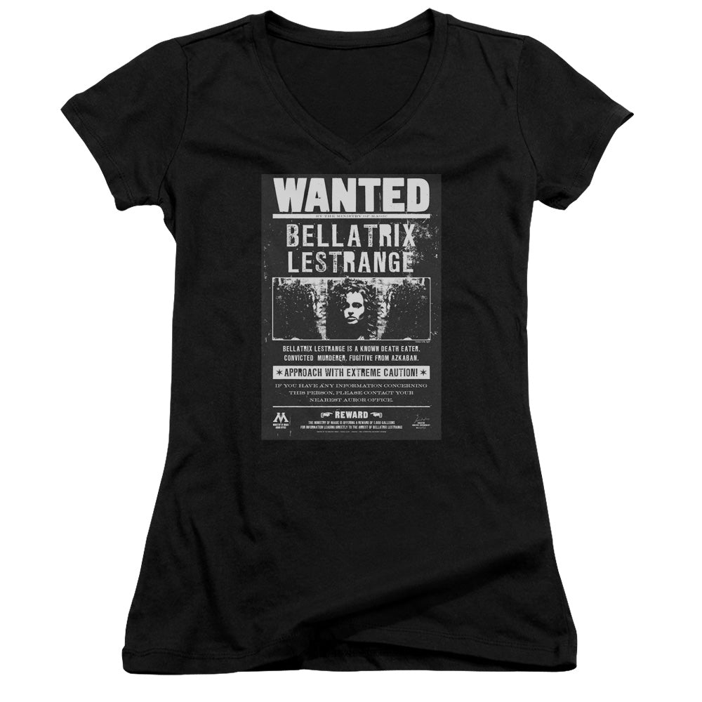 Harry Potter Wanted Bellatrix Junior Sheer Cap Sleeve V-Neck Womens T Shirt Black