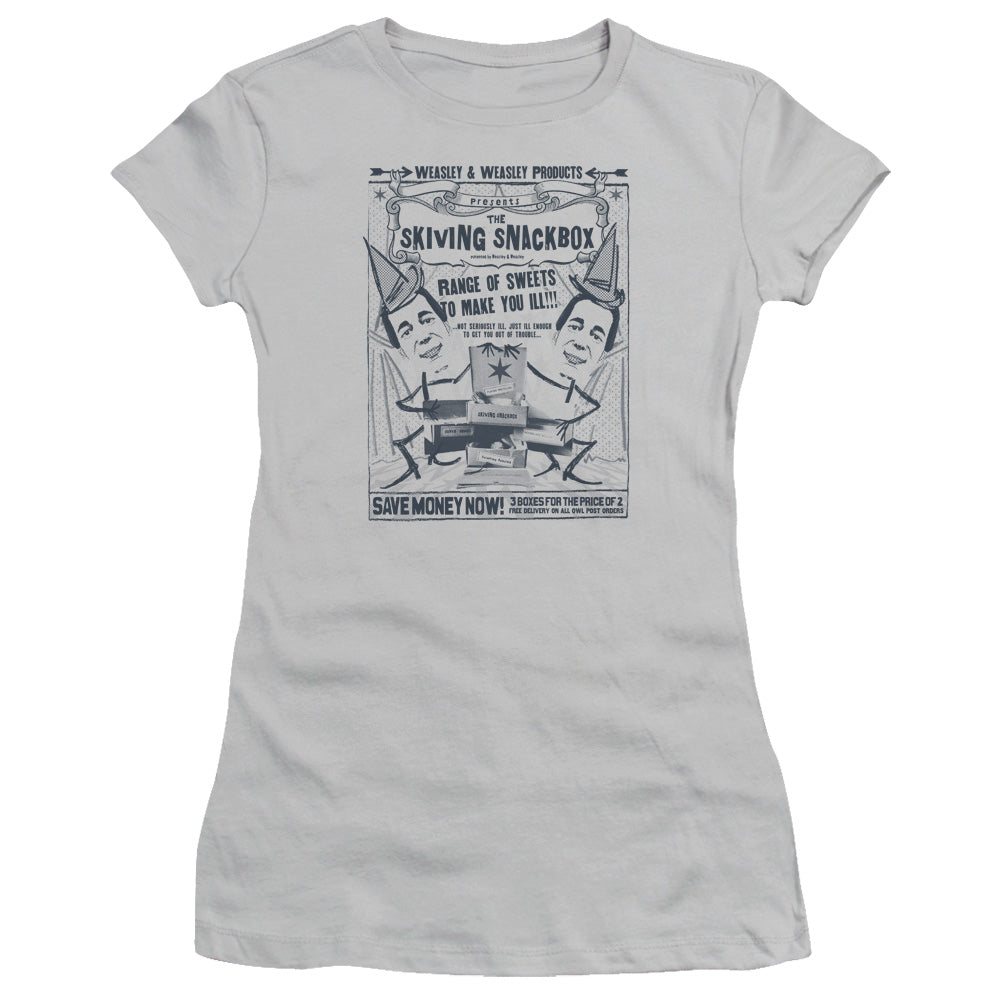 Harry Potter Skiving Snackbox Junior Sheer Cap Sleeve Womens T Shirt Silver