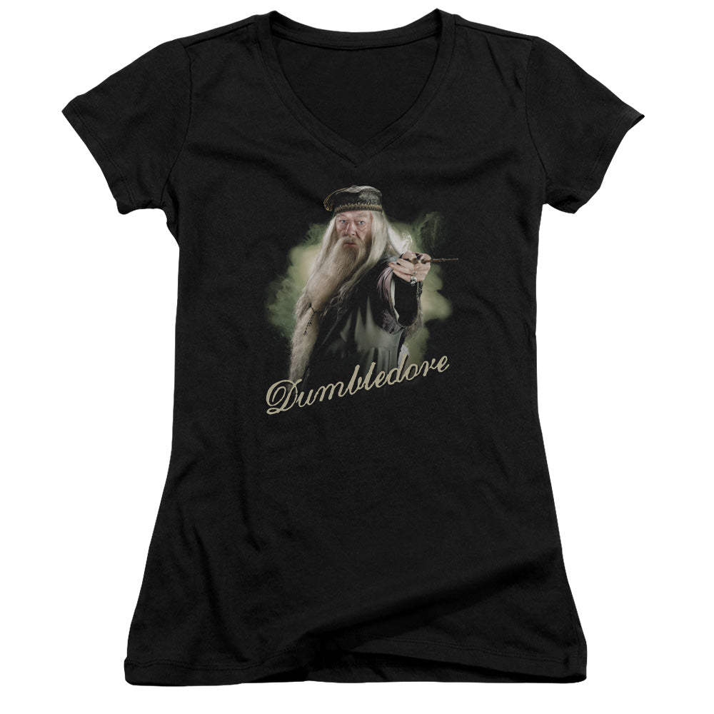 Harry Potter Dumbledore Wand Junior Sheer Cap Sleeve V-Neck Womens T Shirt Black