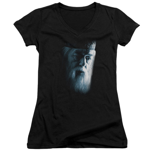 Harry Potter Dumbledore Face Junior Sheer Cap Sleeve V-Neck Womens T Shirt Black