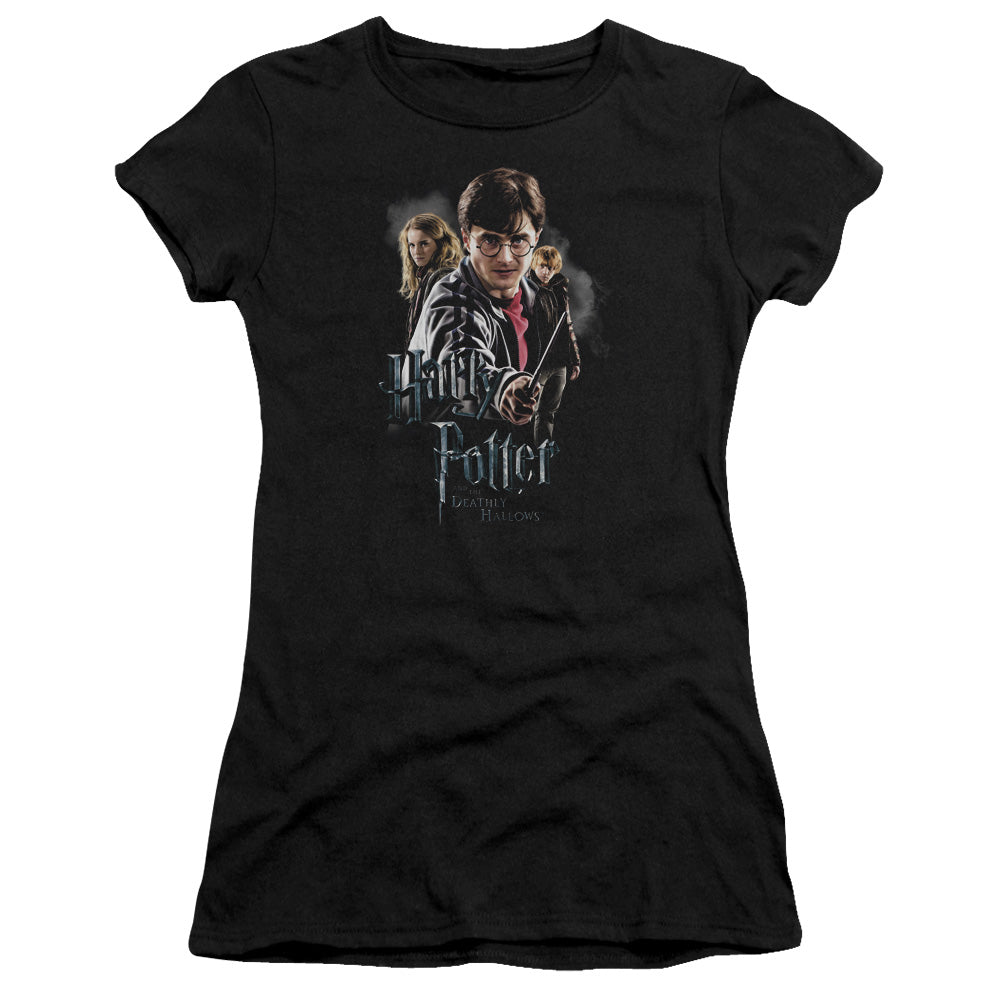 Harry Potter Deathly Hollows Cast Junior Sheer Cap Sleeve Womens T Shirt Black