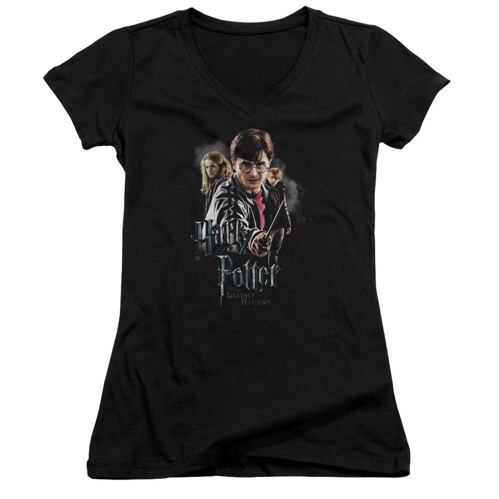 Harry Potter Deathly Hollows Cast Junior Sheer Cap Sleeve V-Neck Womens T Shirt Black