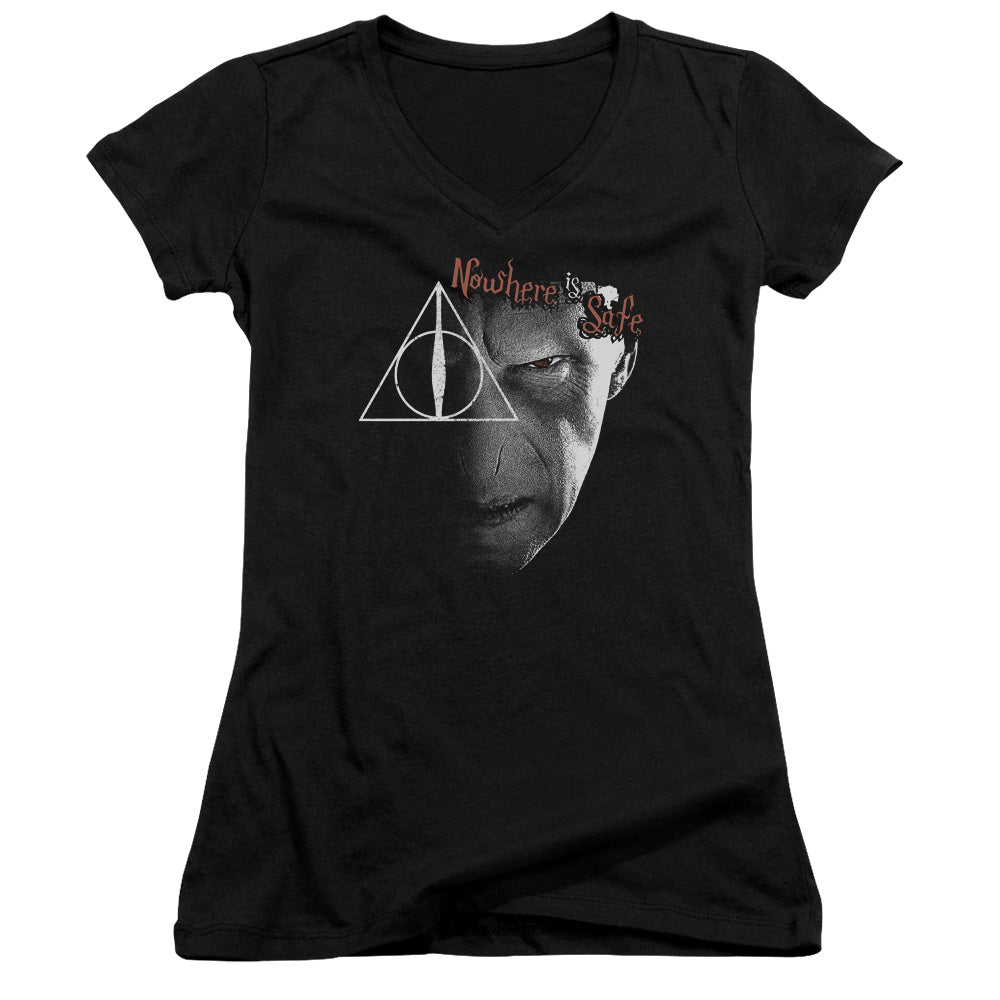 Harry Potter Nowhere is Safe Junior Sheer Cap Sleeve V-Neck Womens T Shirt Black