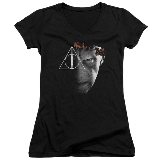 Harry Potter Nowhere is Safe Junior Sheer Cap Sleeve V-Neck Womens T Shirt Black