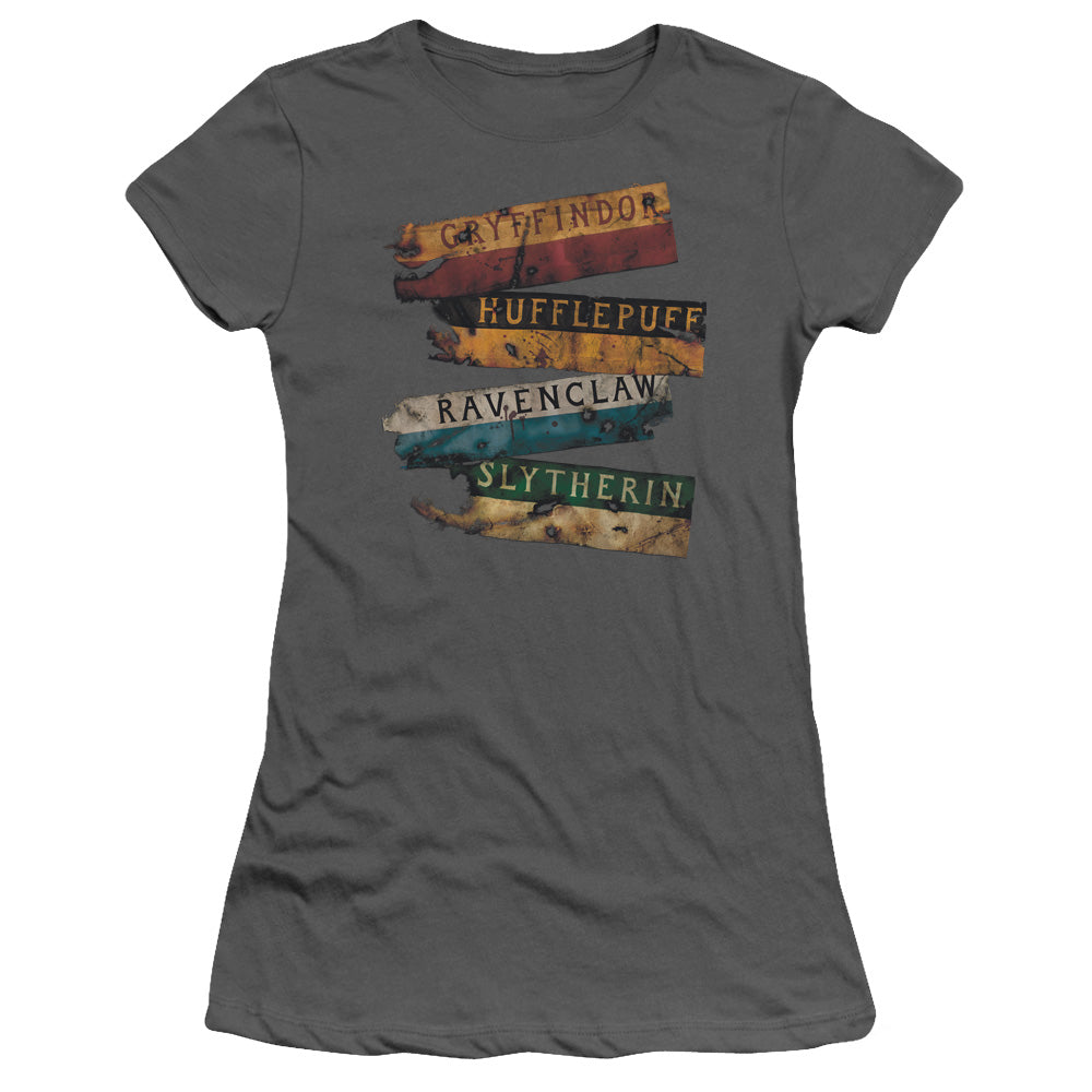 Harry Potter Burnt Banners Junior Sheer Cap Sleeve Womens T Shirt Charcoal