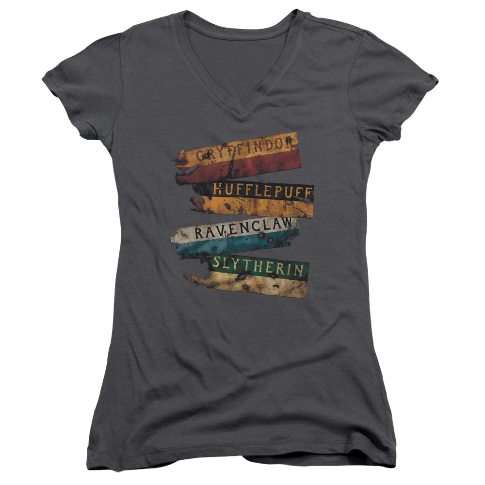 Harry Potter Burnt Banners Junior Sheer Cap Sleeve V-Neck Womens T Shirt Charcoal