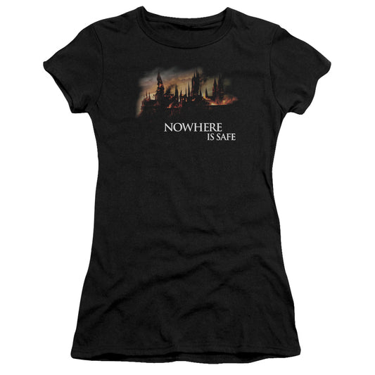 Harry Potter Burning Hogwarts Junior Sheer Cap Sleeve Womens T Shirt Black