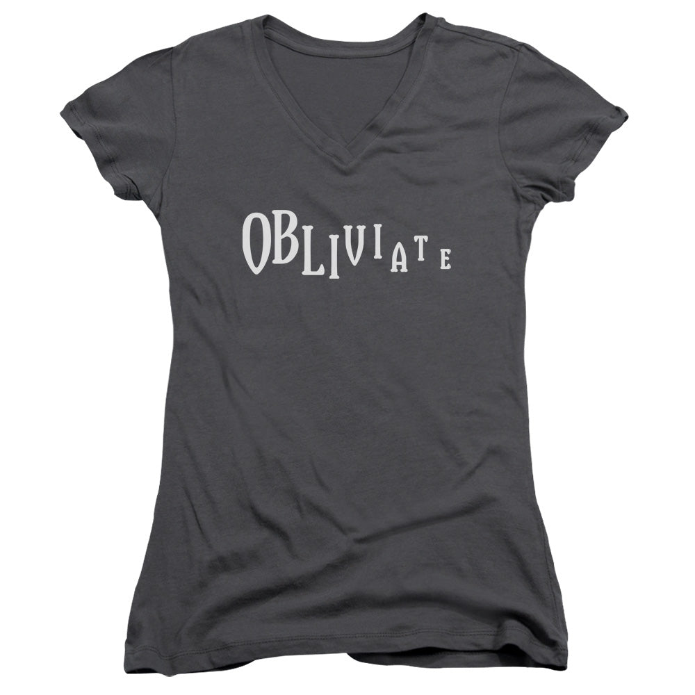 Harry Potter Obliviate Junior Sheer Cap Sleeve V-Neck Womens T Shirt Charcoal